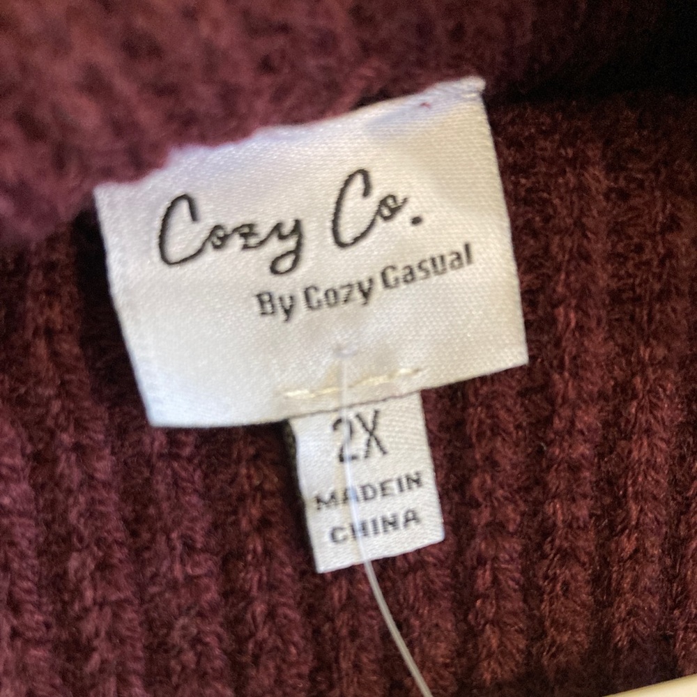 Cozy Co, Mock Turtleneck Sweater, Size 2X Burgundy with embroidered foliage - Picture 5 of 7
